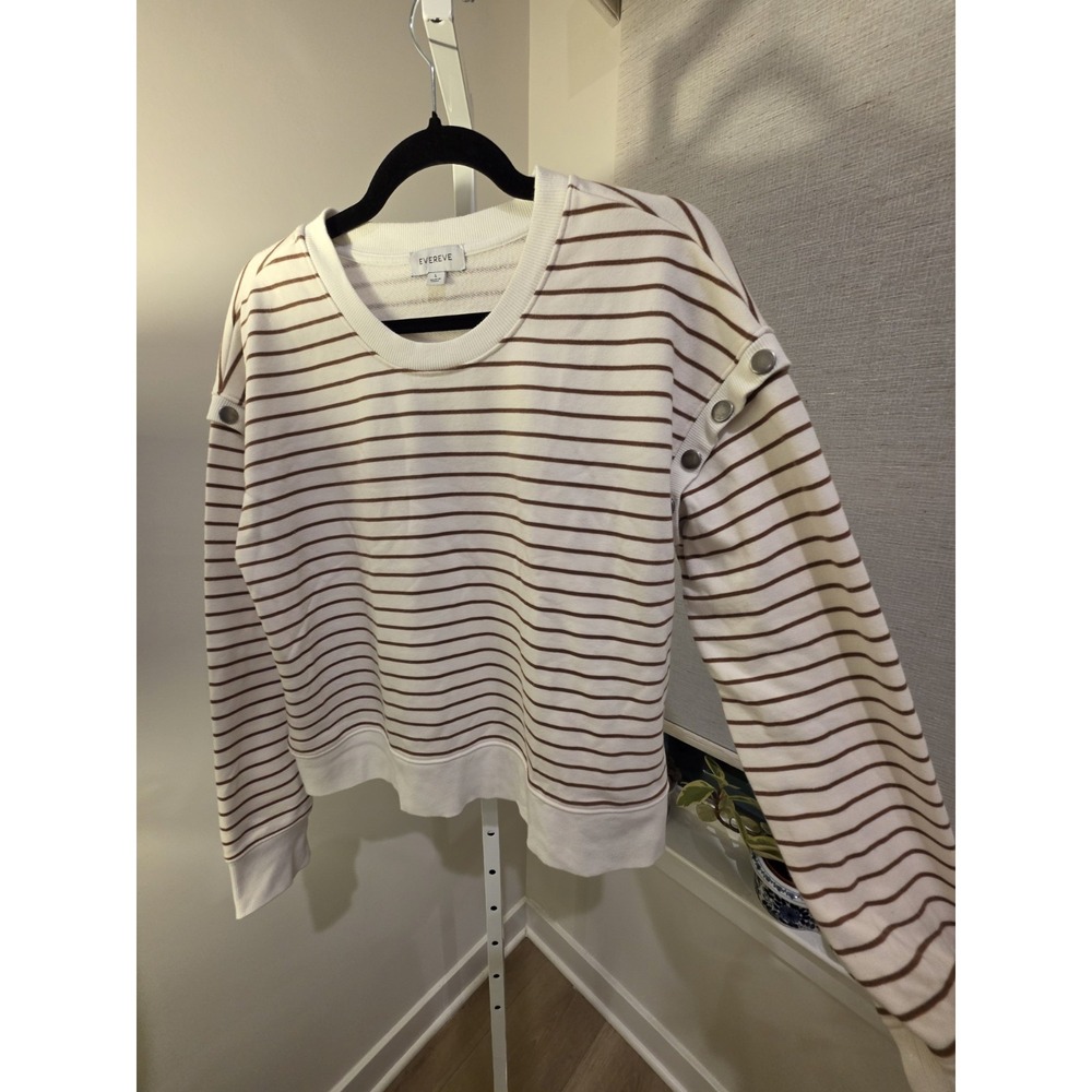 Evereve Womens L Striped Snap Shoulder Sweatshirt Cream Brown Preppy Nautical - Picture 6 of 14